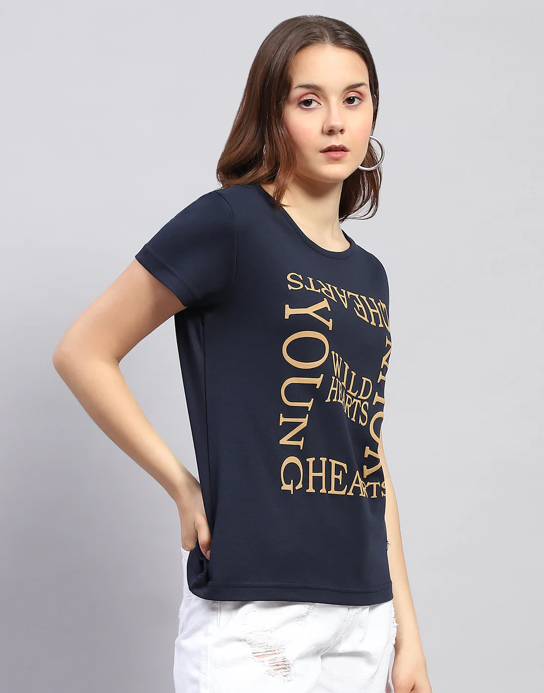 Women Navy Blue Printed Round Neck Half Sleeve Top - Image 4