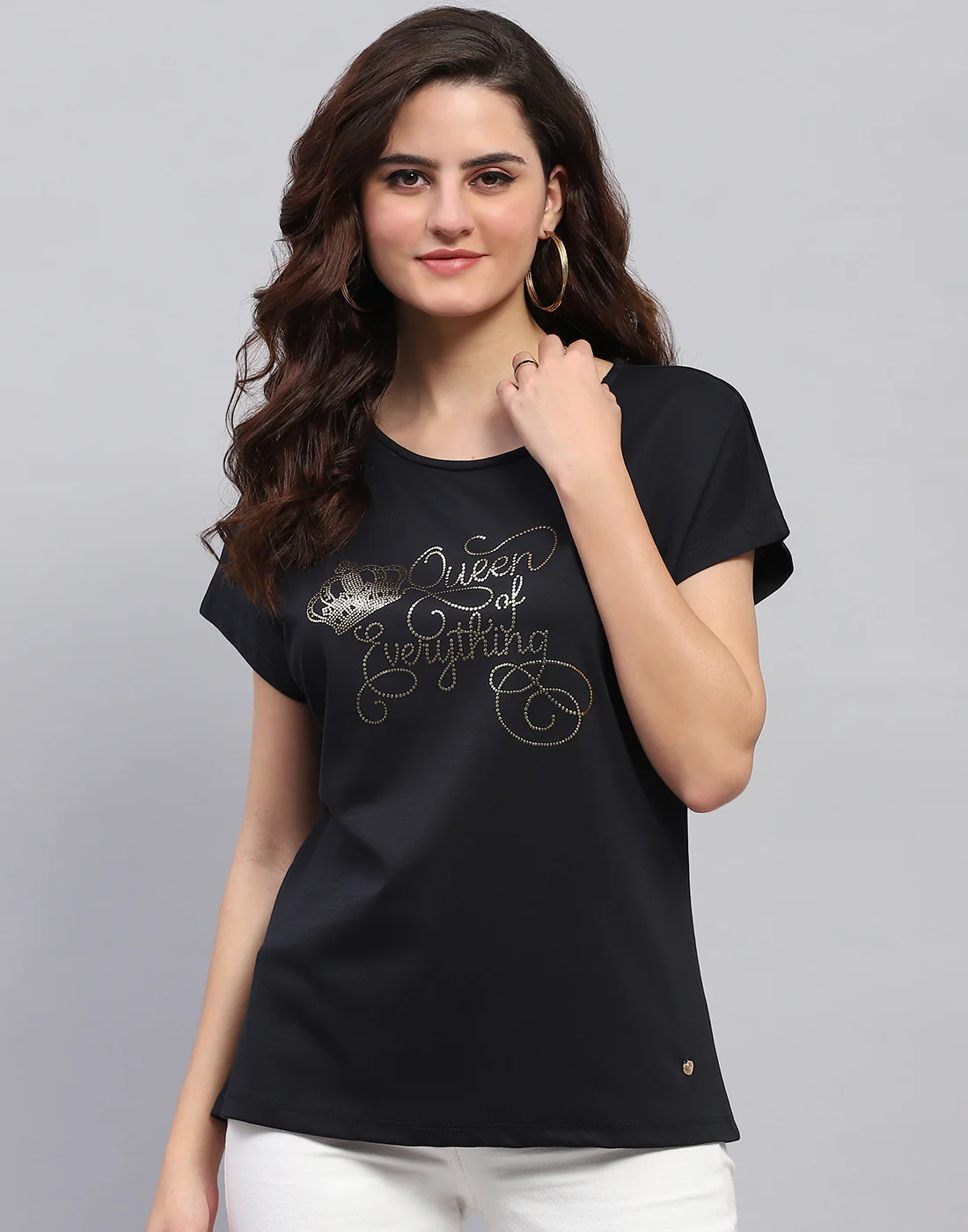 Women Navy Blue Printed Round Neck Half Sleeve Top - Image 2