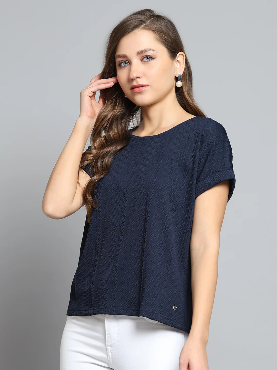 Women Navy Blue Printed Round Neck Half Sleeve Top - Image 3