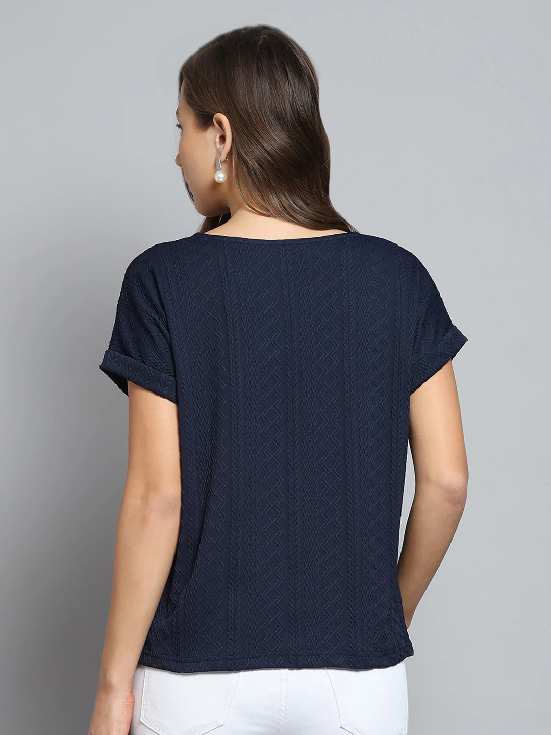 Women Navy Blue Printed Round Neck Half Sleeve Top - Image 5