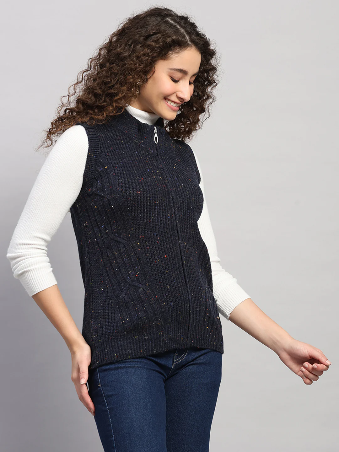 Women Navy Blue Printed Round Neck Sleeveless Cardigan - Image 4
