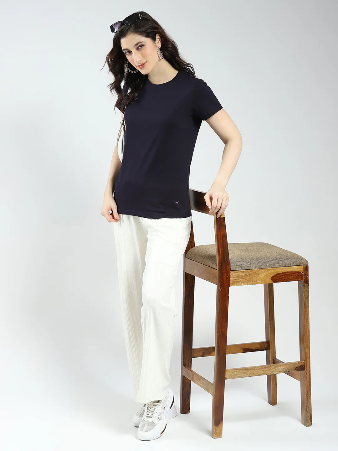 Women Navy Blue & Rust Solid Round Neck Half Sleeve Top 2Pc Set - Image 4