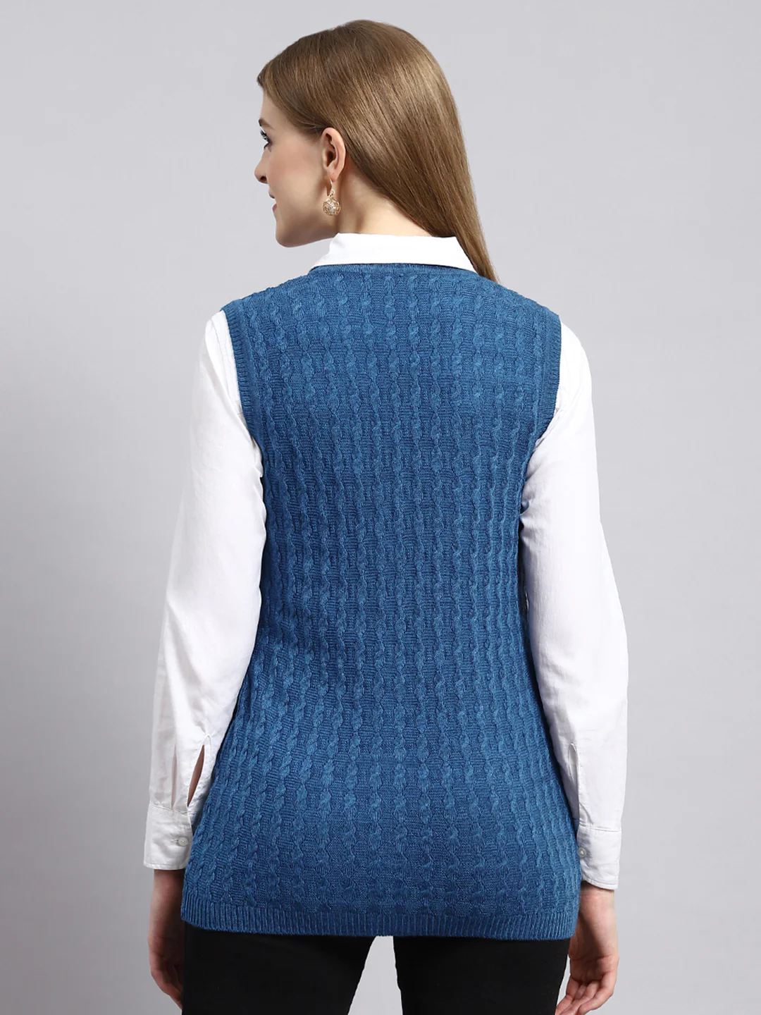 Women Navy Blue Self Cardigan - Image 4