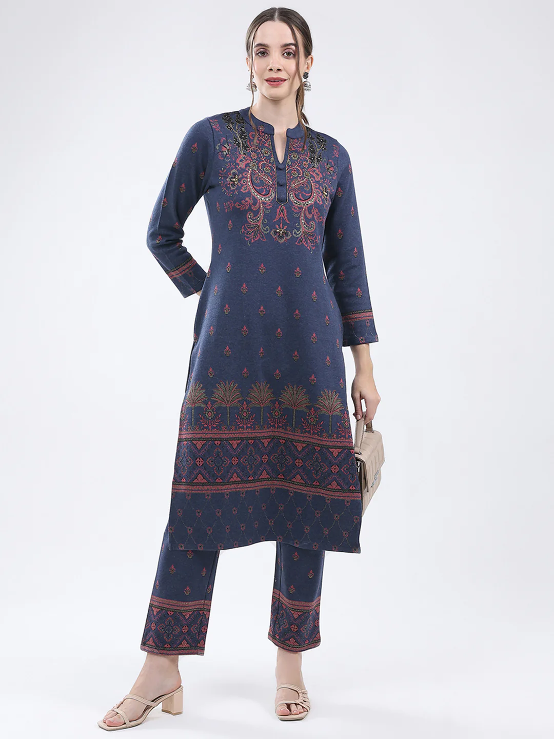 Women Navy Blue Self Design Band Neck Full Sleeve Kurti Set for Winter - Image 4