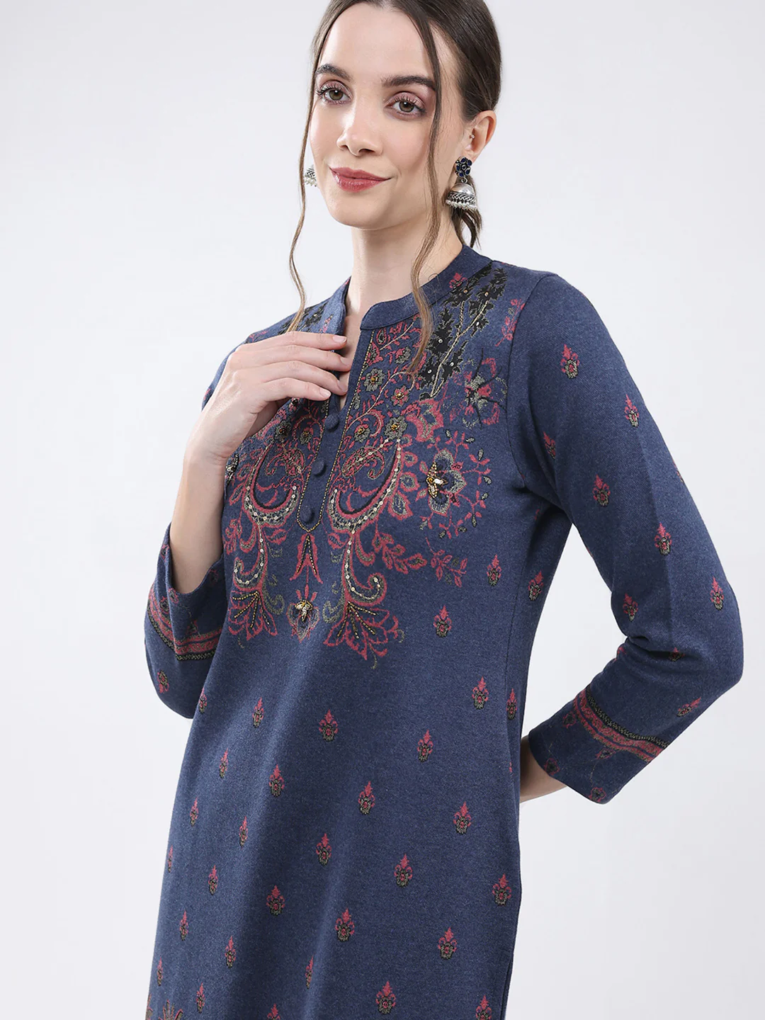 Women Navy Blue Self Design Band Neck Full Sleeve Kurti Set for Winter - Image 6
