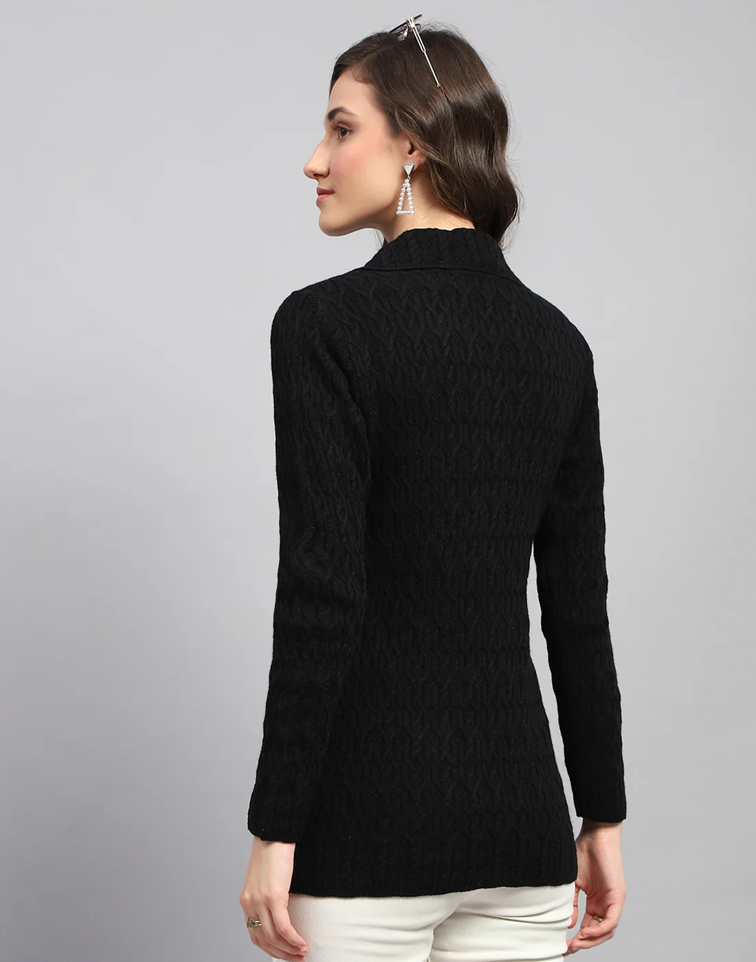 Women Navy Blue Self Design Collar Full Sleeve Cardigan - Image 5