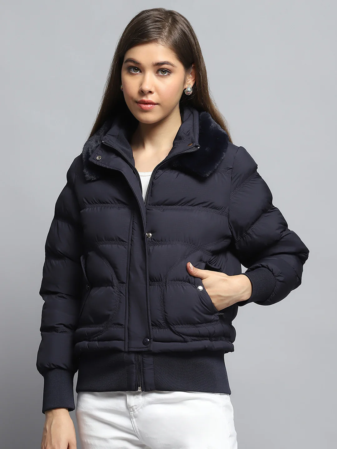 Women Navy Blue Self Design Collar Full Sleeve Jacket - Image 7