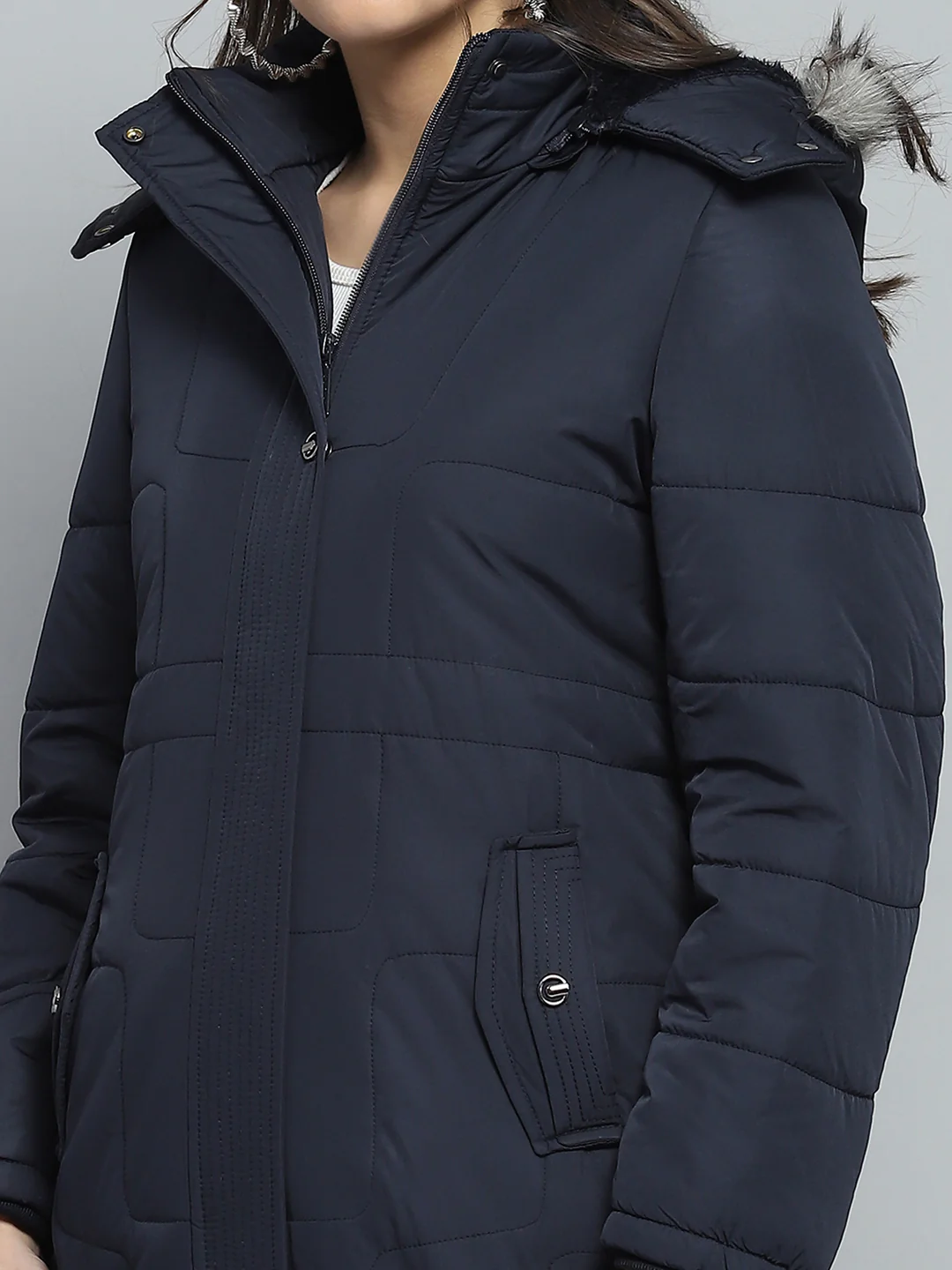 Women Navy Blue Self Design Detachable Hood Full Sleeve Jacket - Image 7