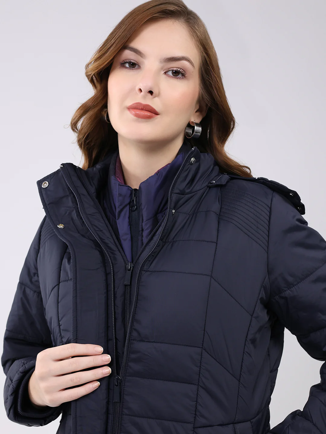 Women Navy Blue Self Design Hooded Jacket Set (1 Full & 1 Half Sleeve Reversible) - Image 14