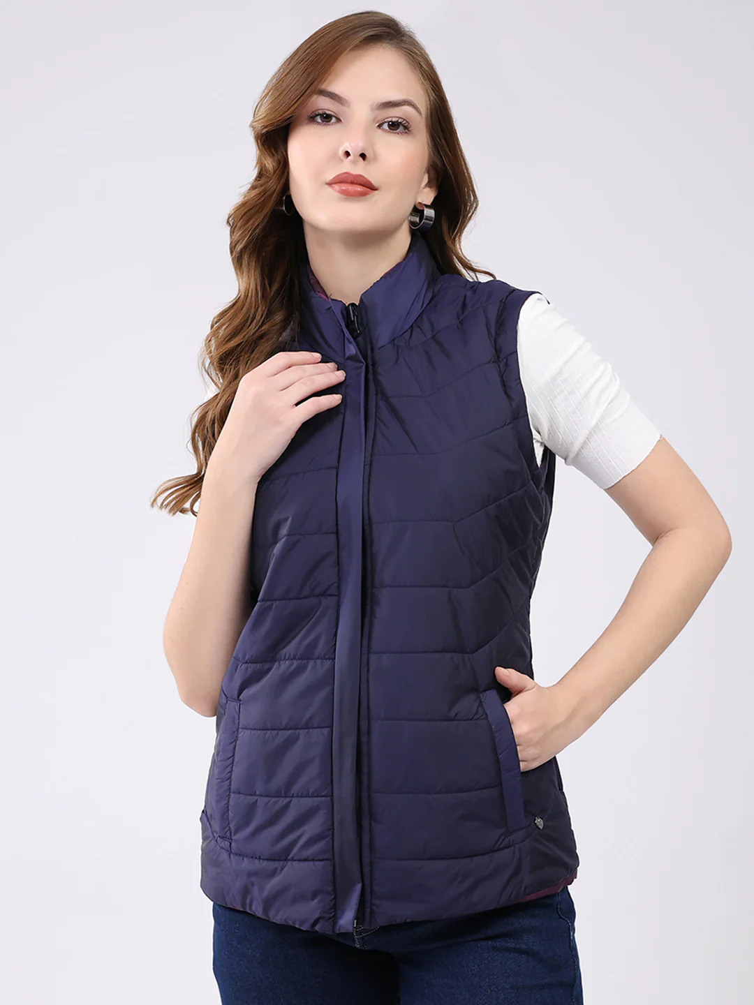 Women Navy Blue Self Design Hooded Jacket Set (1 Full & 1 Half Sleeve Reversible) - Image 9