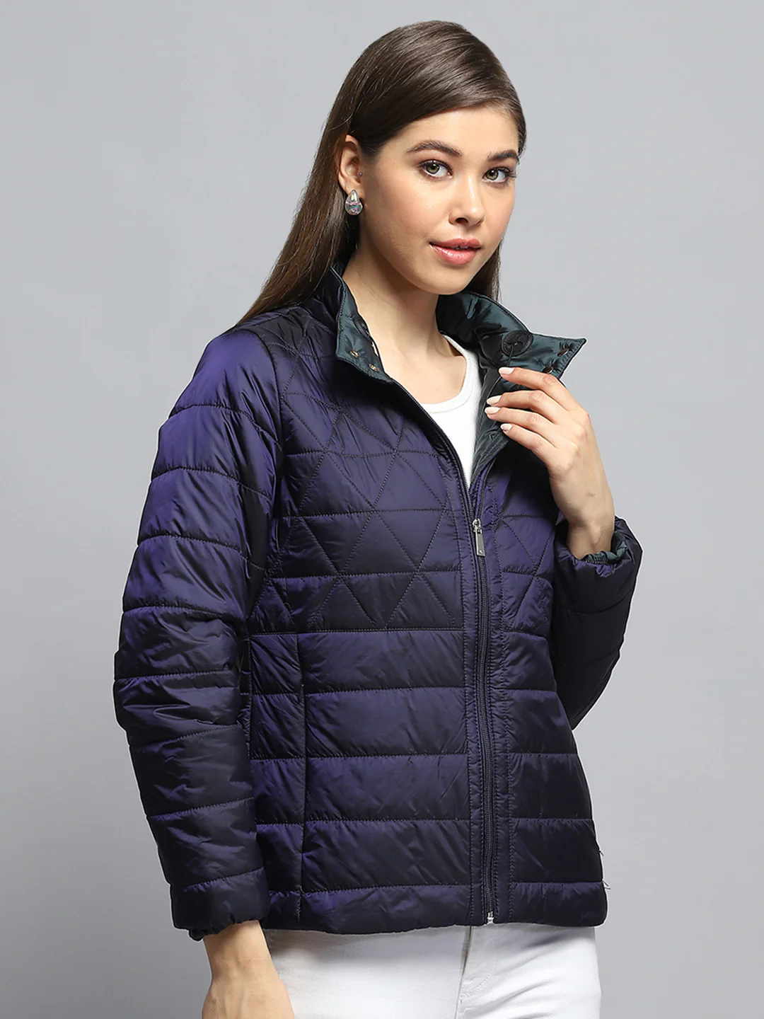 Women Navy Blue Self Design Mock Neck Full Sleeve Jacket - Image 4