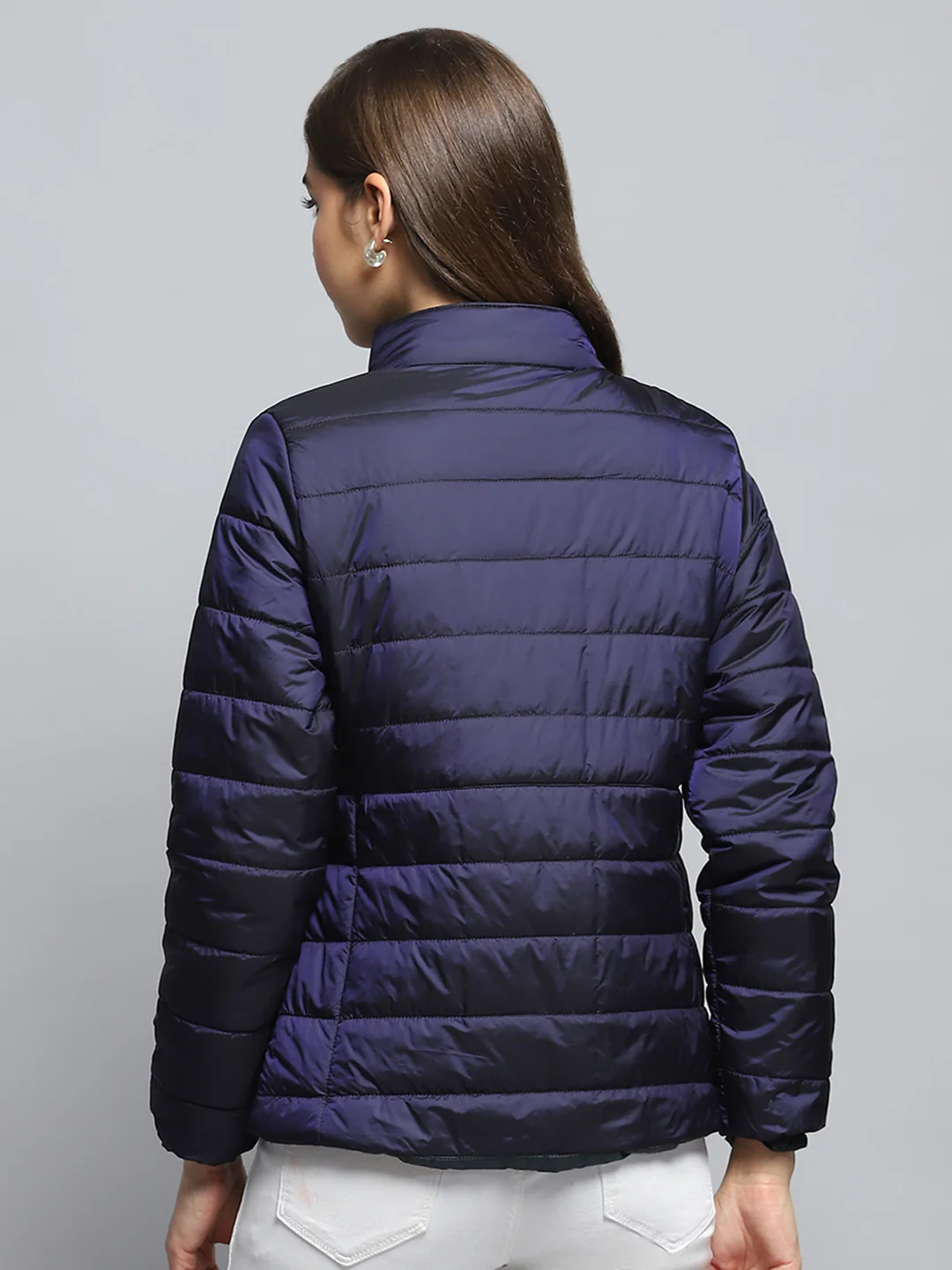 Women Navy Blue Self Design Mock Neck Full Sleeve Jacket - Image 5