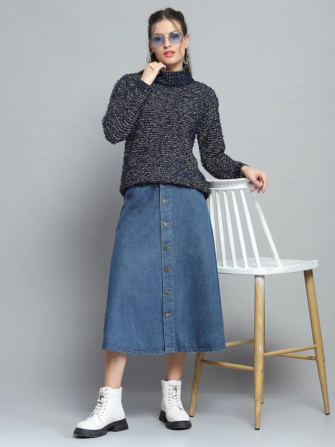 Women Navy Blue Self Design Mock Neck Full Sleeve Winte Top - Image 4