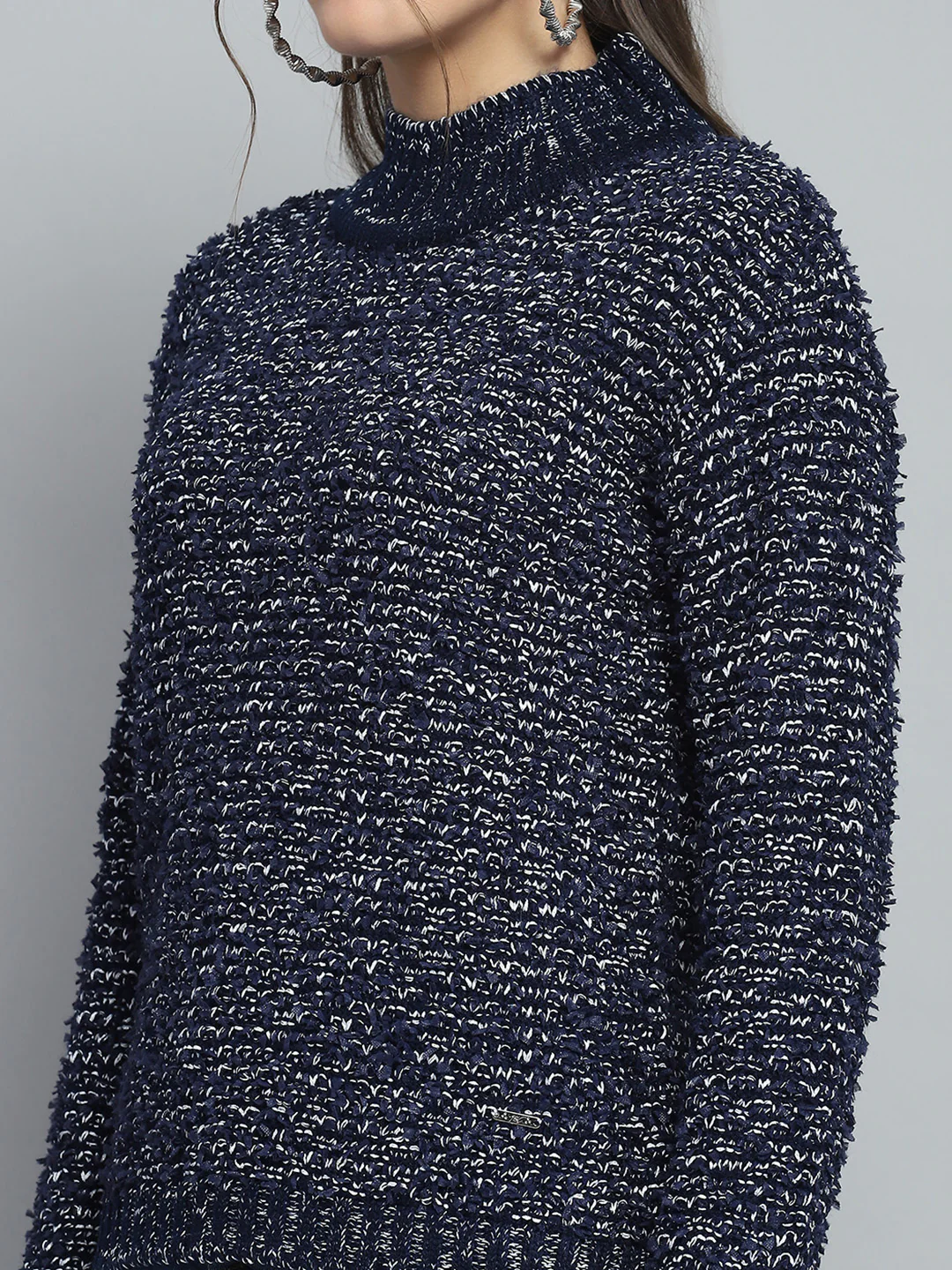 Women Navy Blue Self Design Mock Neck Full Sleeve Winte Top - Image 7