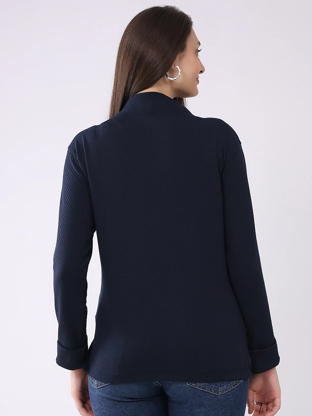 Women Navy Blue Self Design Mock Neck Full Sleeve Winter Top - Image 5