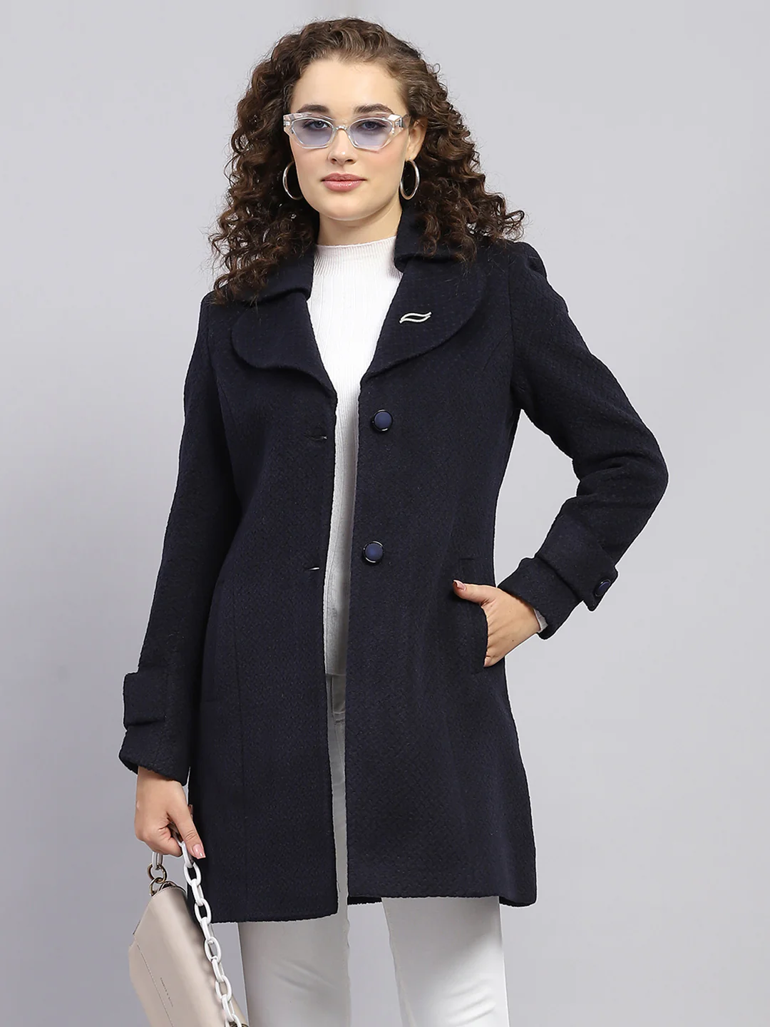 Women Navy Blue Self Design Notch lapel Collar Full Sleeve Coat - Image 6