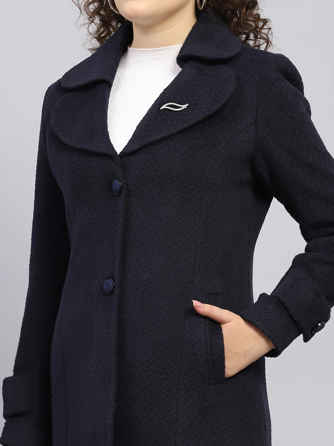 Women Navy Blue Self Design Notch lapel Collar Full Sleeve Coat - Image 7