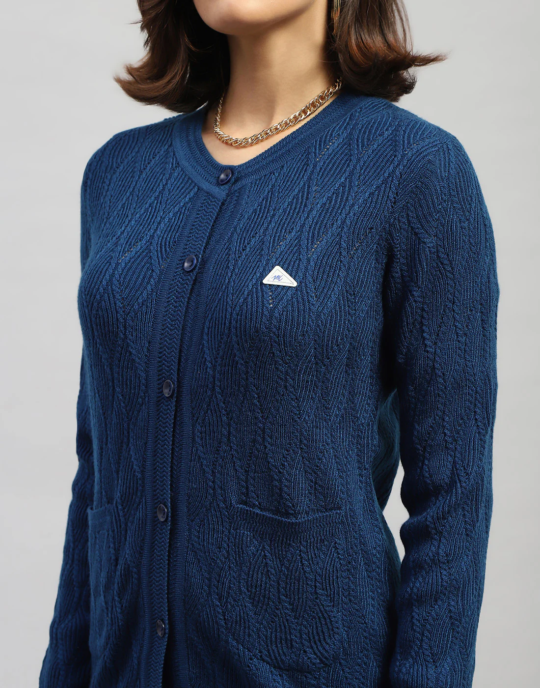 Women Navy Blue Self Design Round Neck Full Sleeve Cardigan - Image 7
