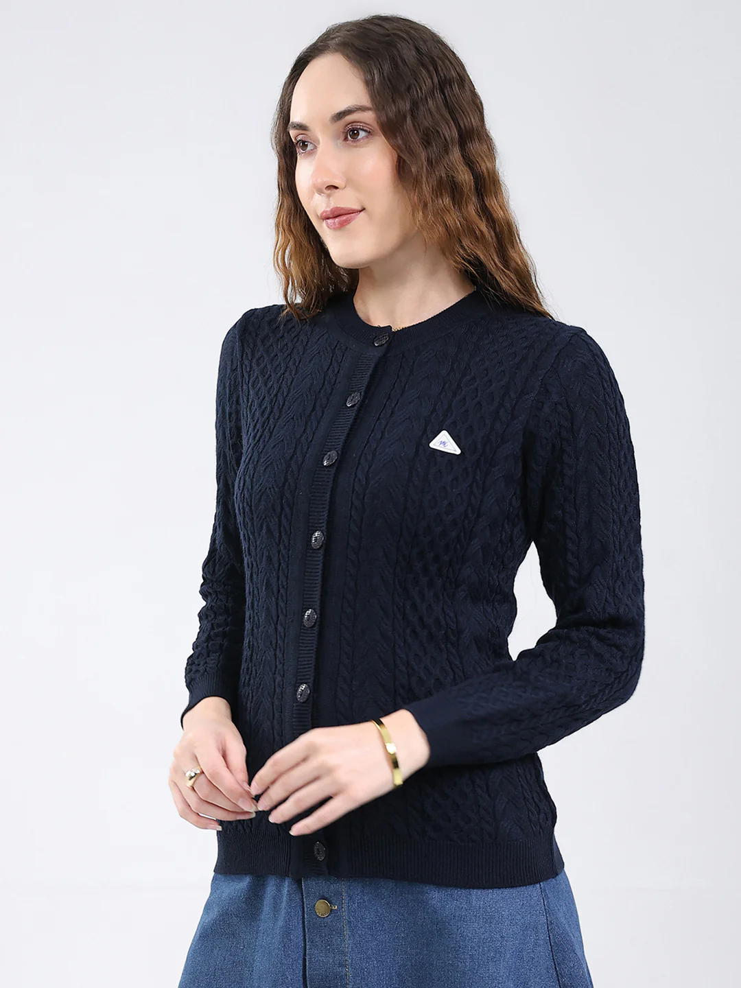 Women Navy Blue Self Design Round Neck Full Sleeve Cardigan - Image 3