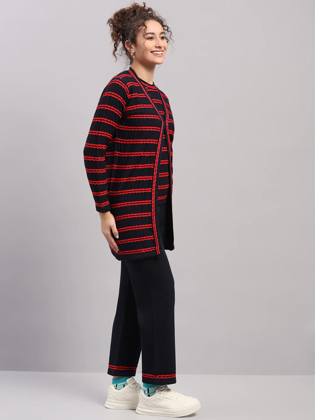 Women Navy Blue Self Design Round Neck Full Sleeve Cords Set - Image 5