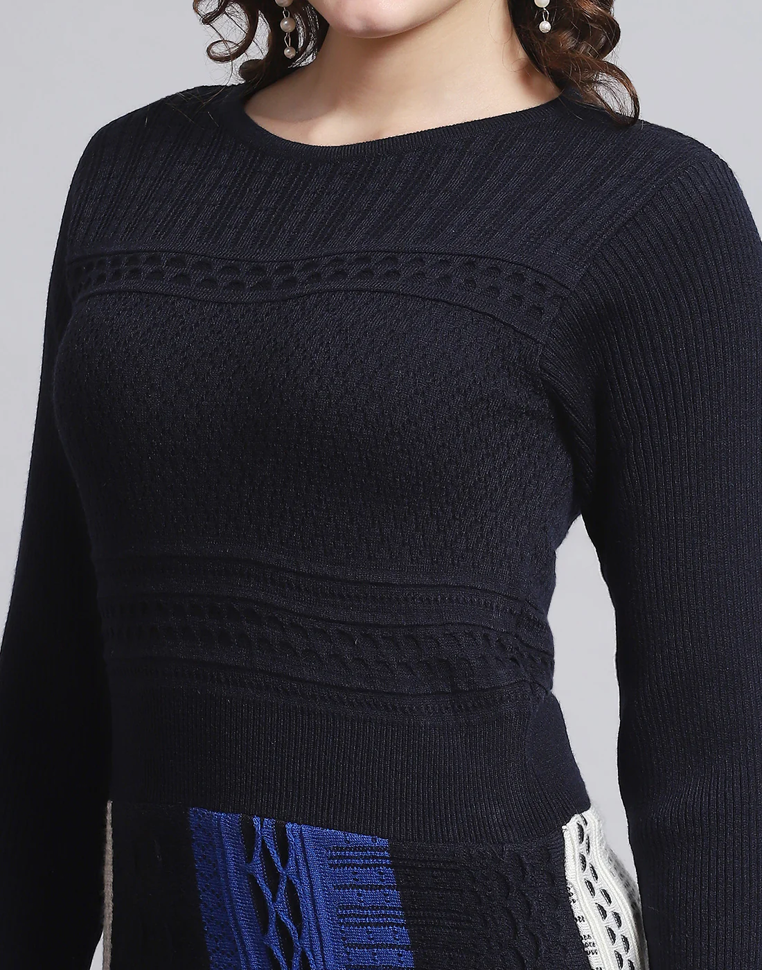 Women Navy Blue Self Design Round Neck Full Sleeve Dress - Image 6