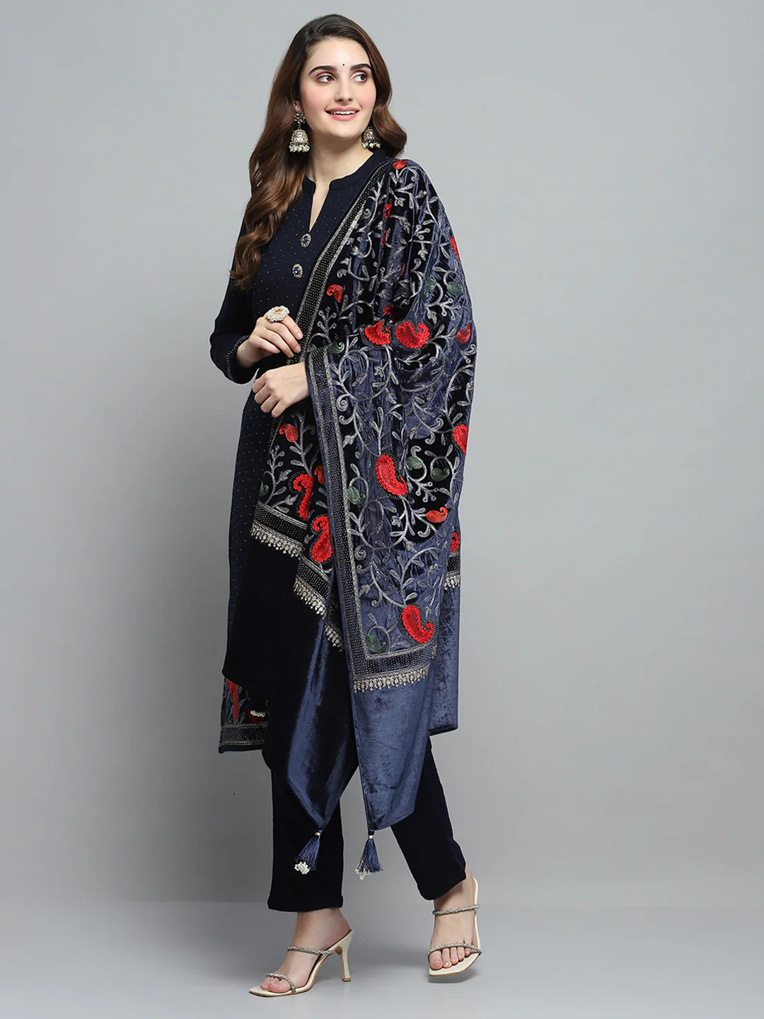Women Navy Blue Self Design Round Neck Full Sleeve Kurti Set & Stole - Image 3