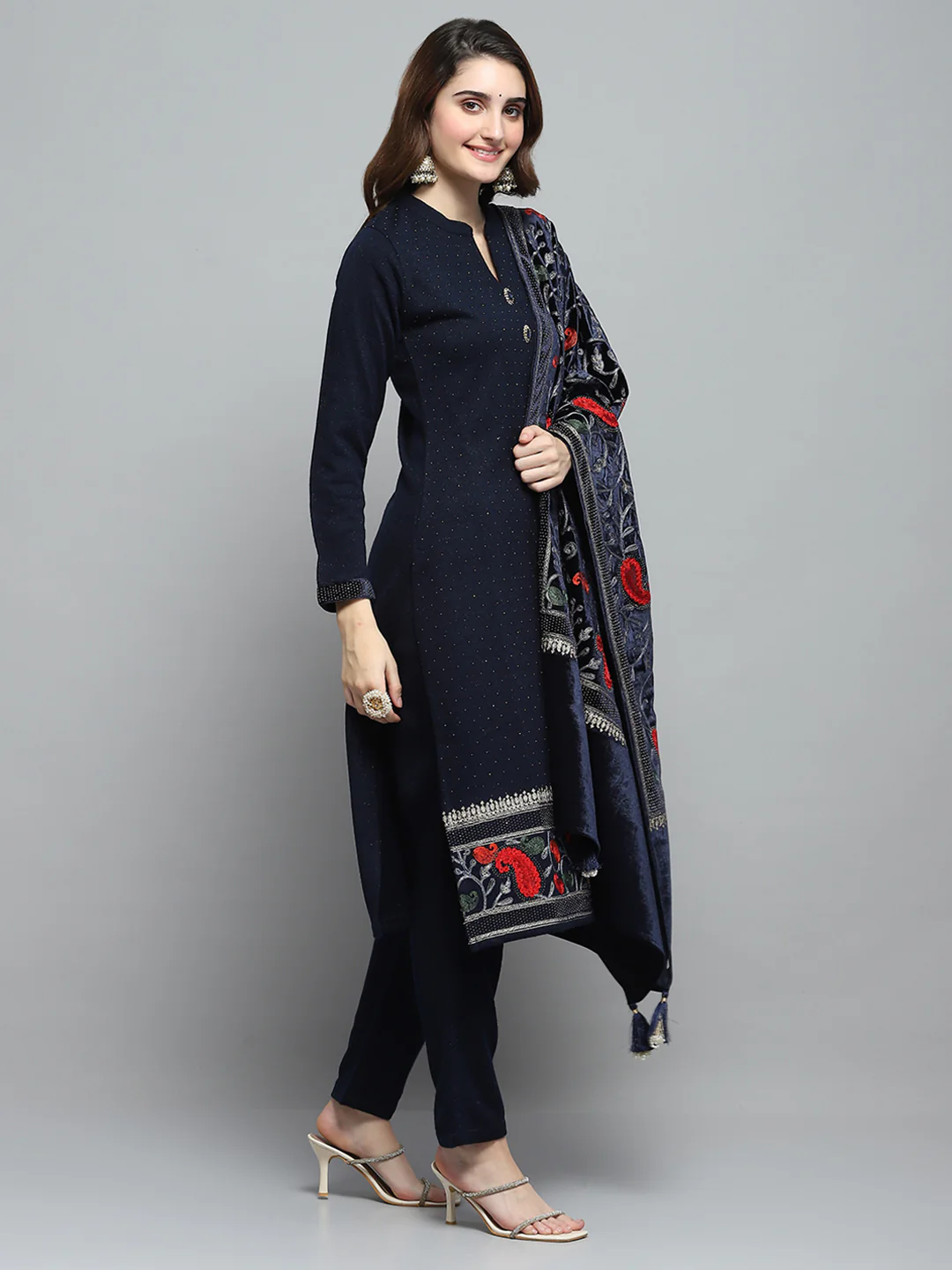 Women Navy Blue Self Design Round Neck Full Sleeve Kurti Set & Stole - Image 4