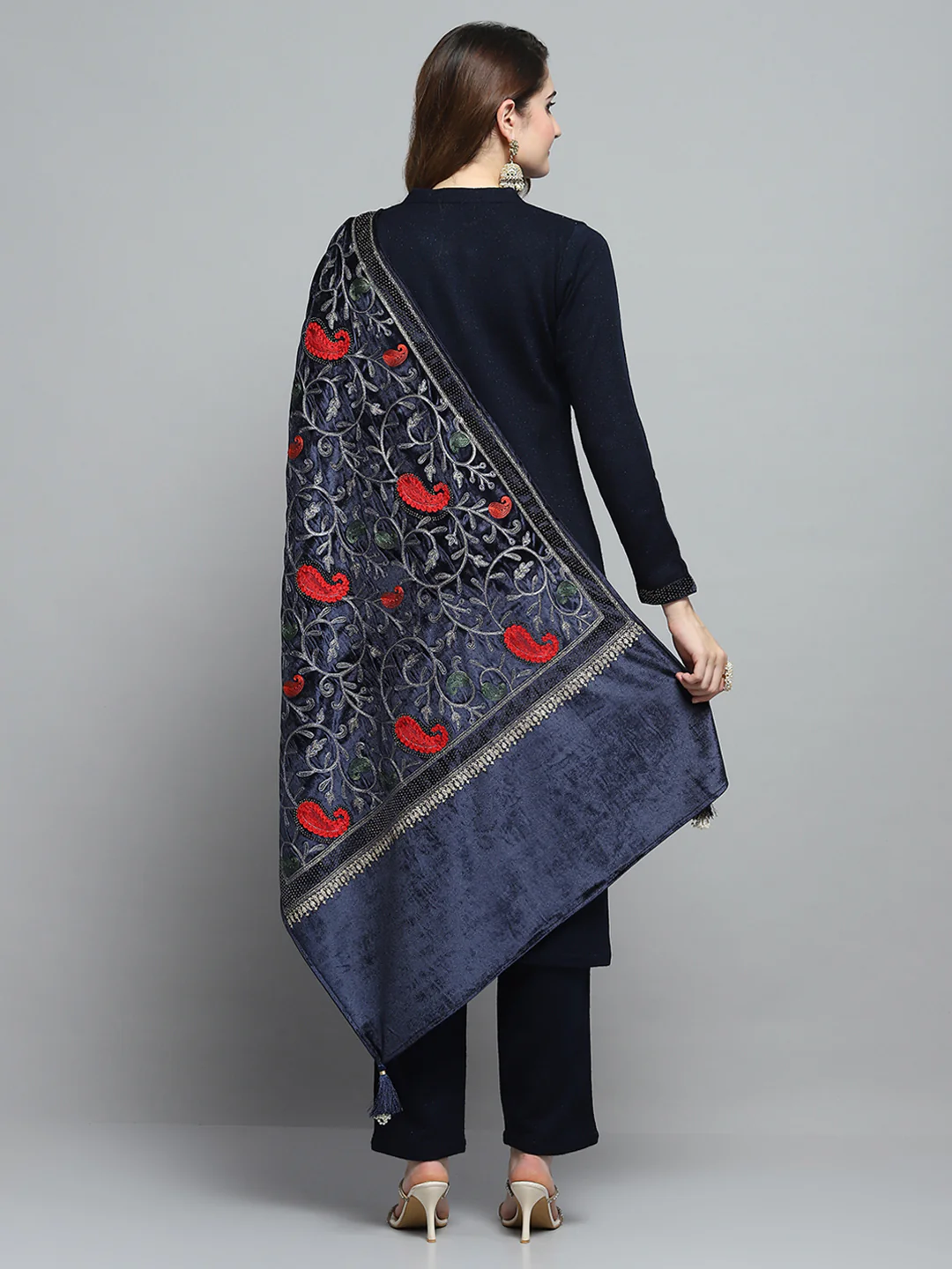 Women Navy Blue Self Design Round Neck Full Sleeve Kurti Set & Stole - Image 5