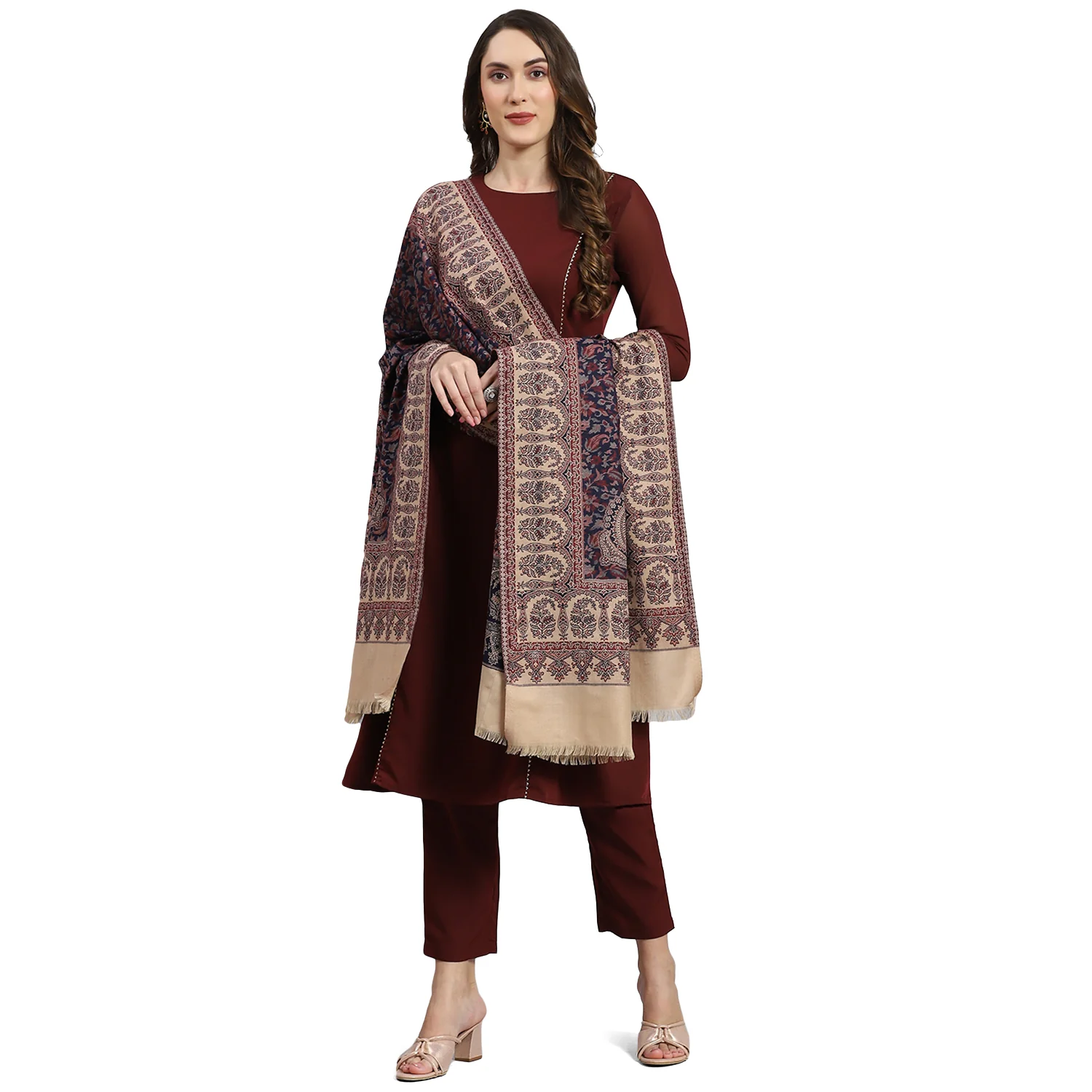 Women Navy Blue Self Design Shawl - Image 5