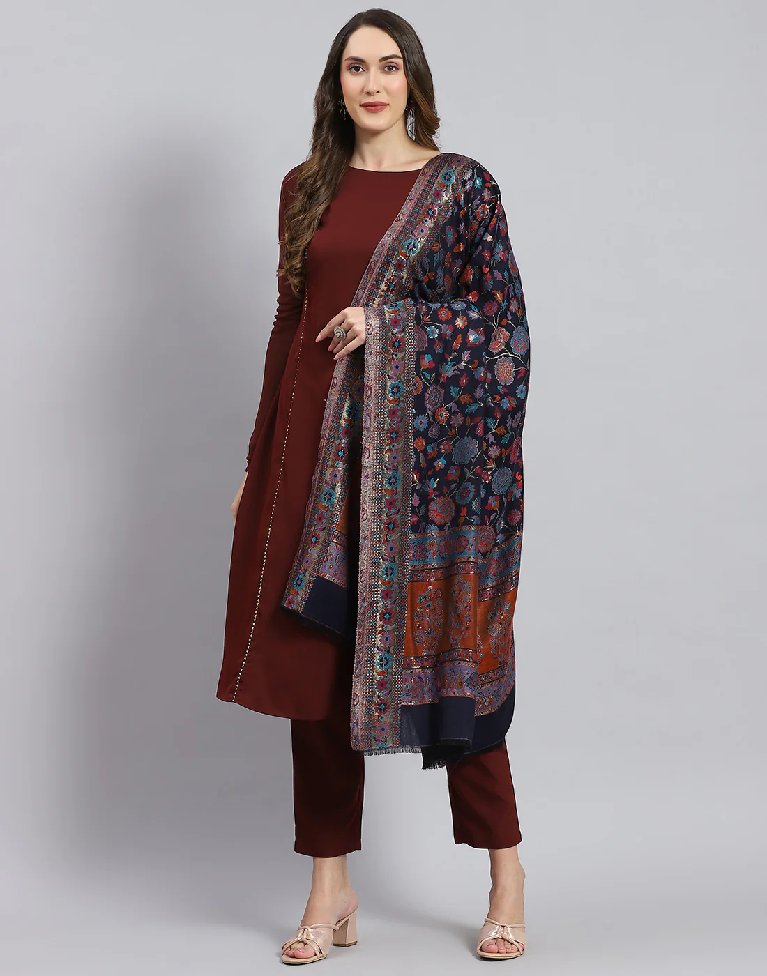 Women Navy Blue Self Design Shawl - Image 3