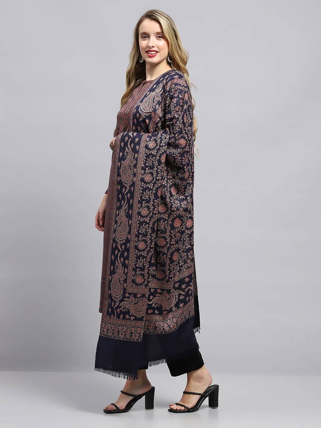 Women Navy Blue Self Design Shawl - Image 3