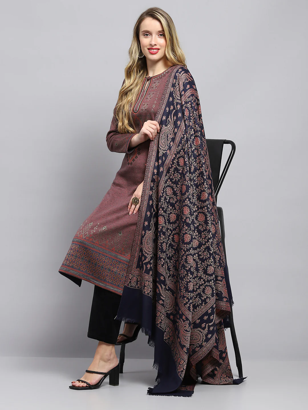 Women Navy Blue Self Design Shawl - Image 5