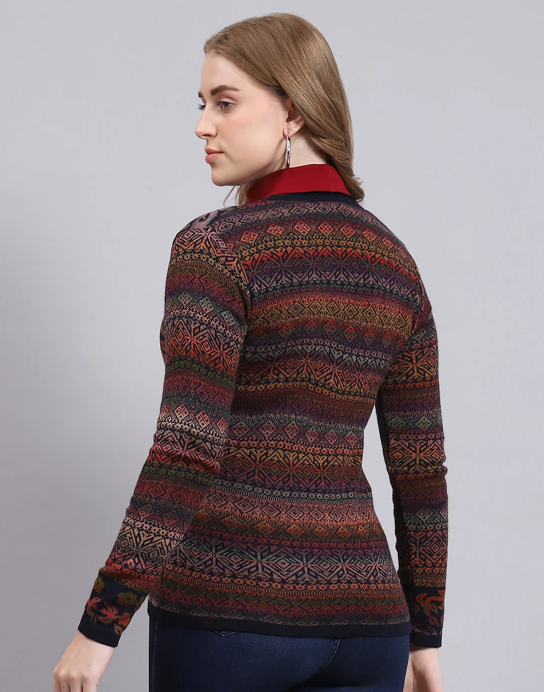 Women Navy Blue Self Design V Neck Full Sleeve Cardigan - Image 7