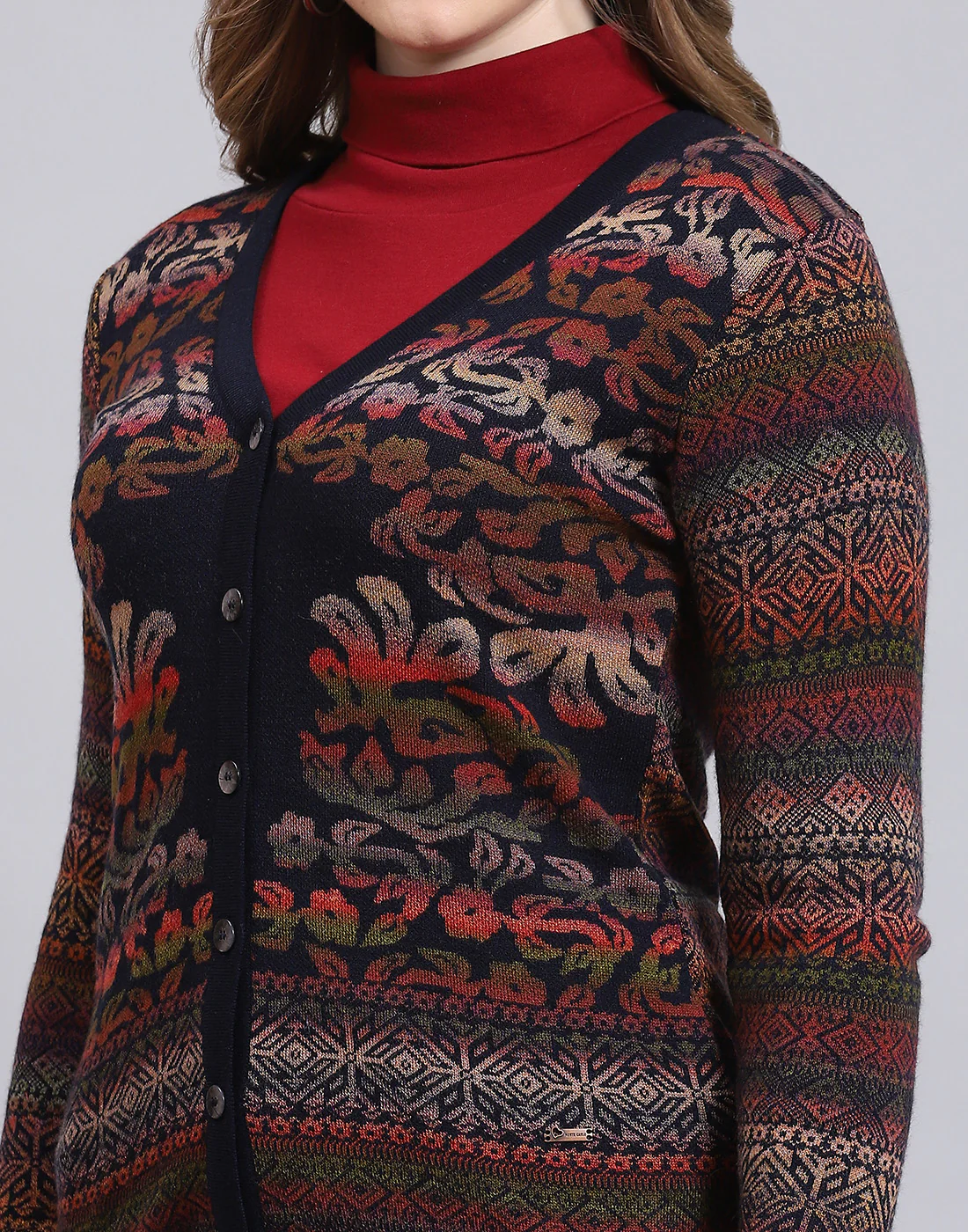 Women Navy Blue Self Design V Neck Full Sleeve Cardigan - Image 8