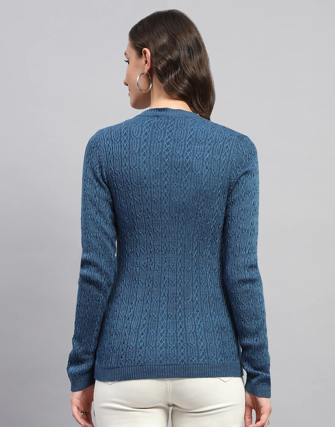 Women Navy Blue Self Design V Neck Full Sleeve Cardigan - Image 5
