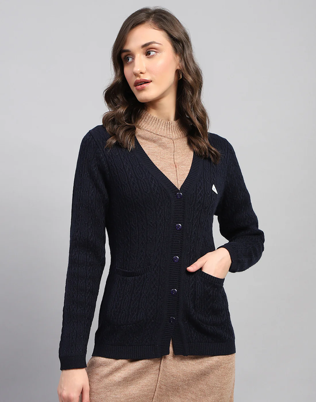 Women Navy Blue Self Design V Neck Full Sleeve Cardigan - Image 3