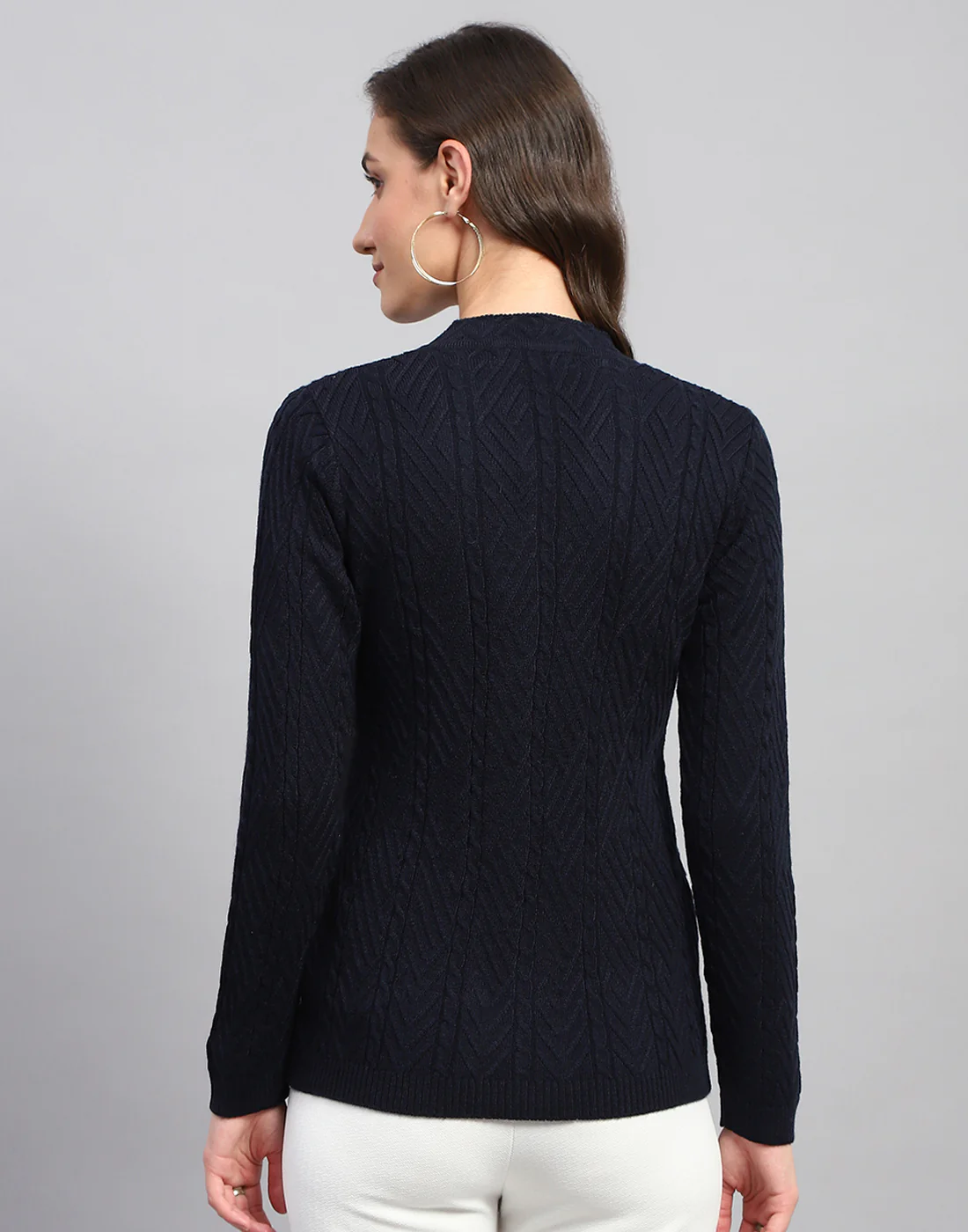 Women Navy Blue Self Design V Neck Full Sleeve Cardigan - Image 6