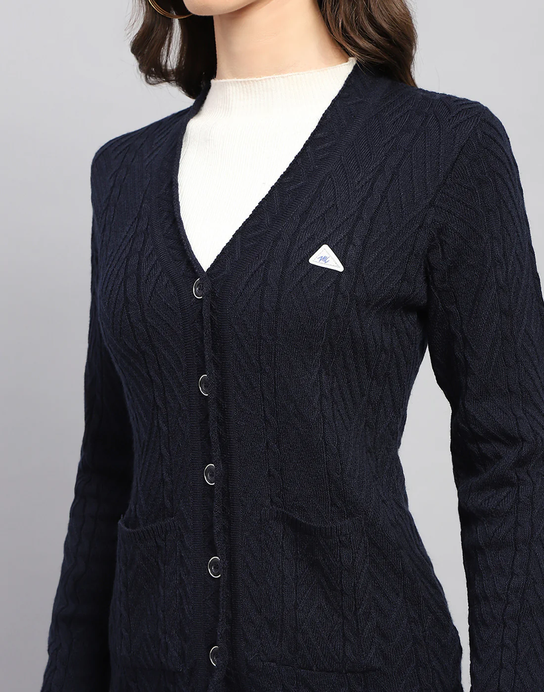 Women Navy Blue Self Design V Neck Full Sleeve Cardigan - Image 7