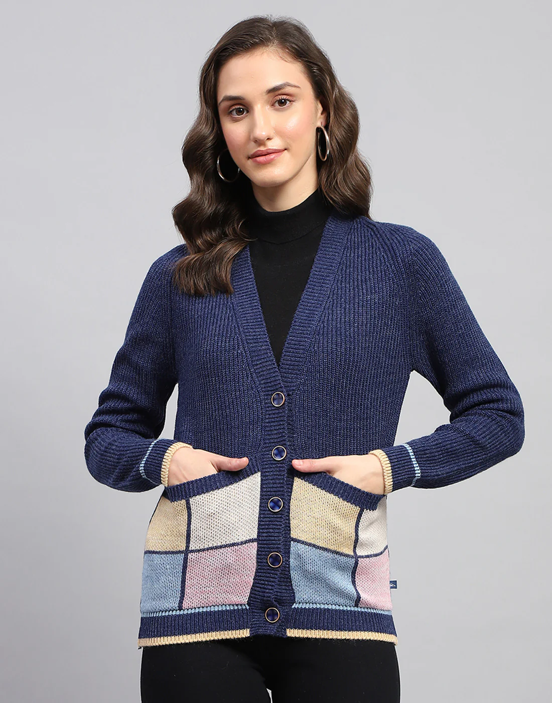 Women Navy Blue Self Design V Neck Full Sleeve Cardigan - Image 2