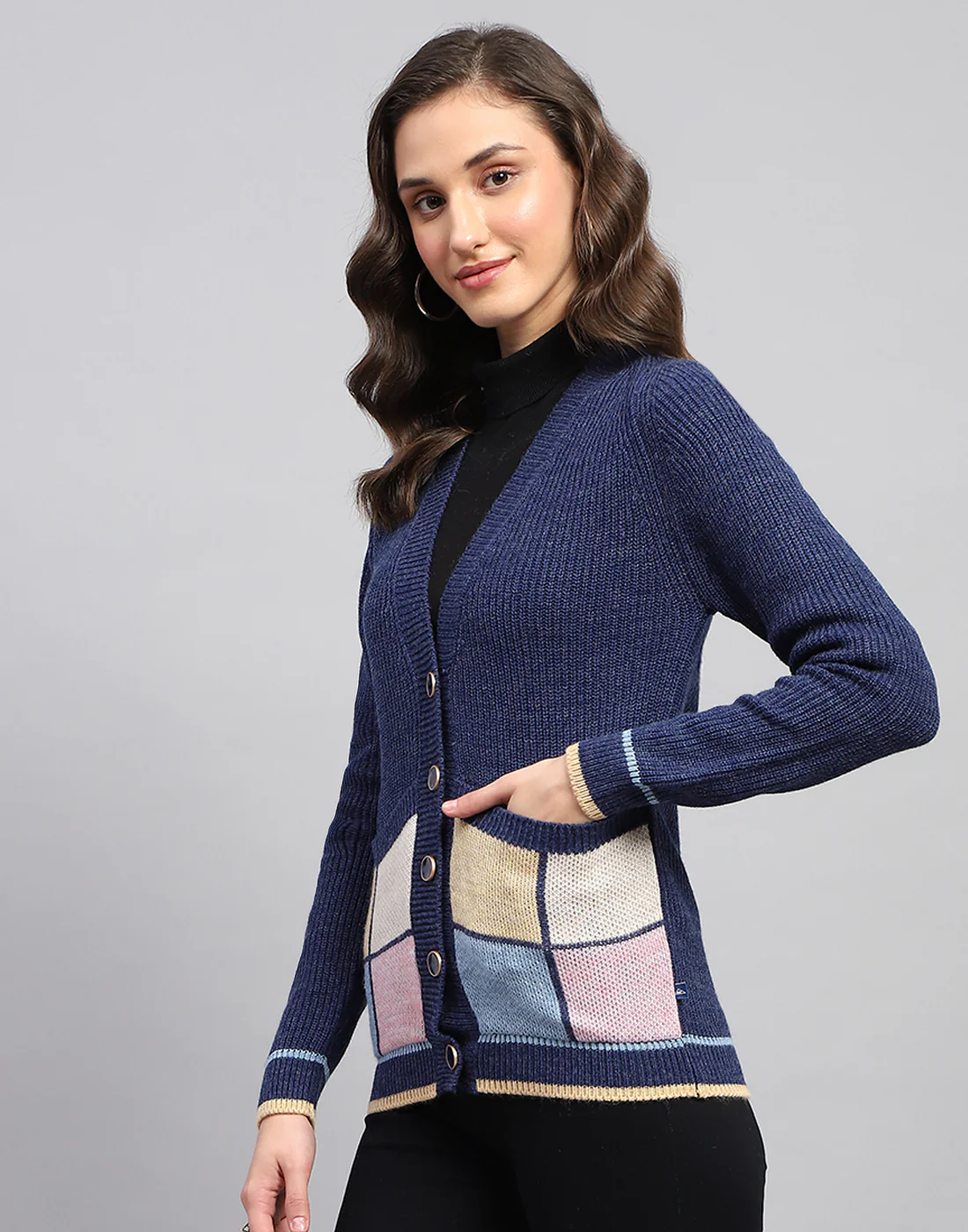 Women Navy Blue Self Design V Neck Full Sleeve Cardigan - Image 3