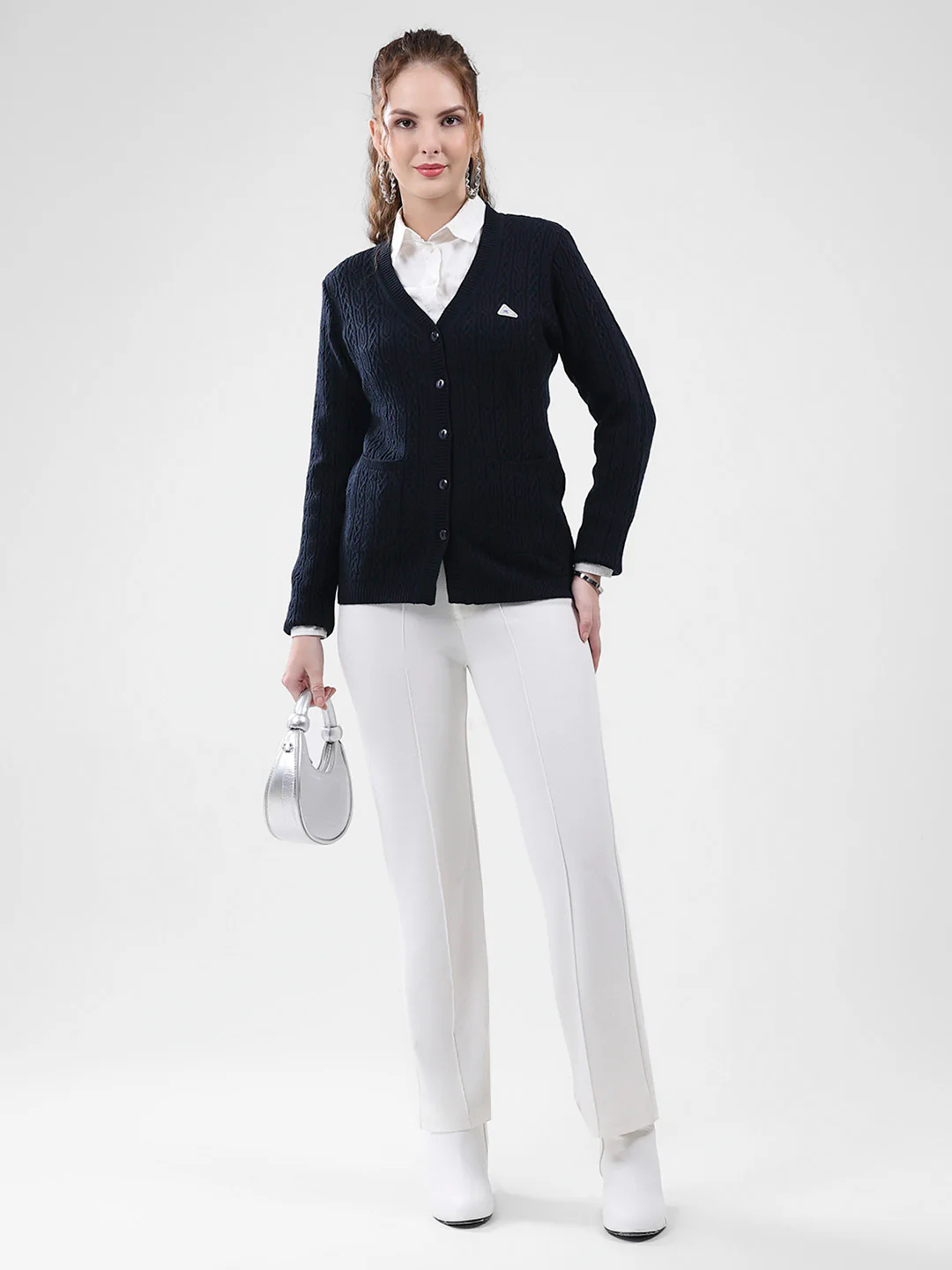 Women Navy Blue Self Design V Neck Full Sleeve Cardigan - Image 2