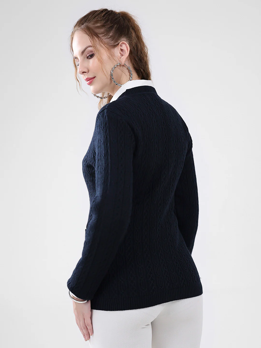 Women Navy Blue Self Design V Neck Full Sleeve Cardigan - Image 5