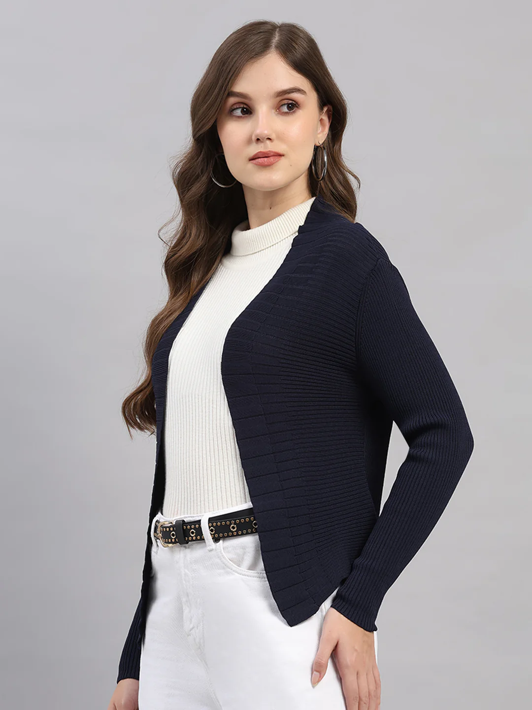 Women Navy Blue Self Design V Neck Full Sleeve Cardigan - Image 3