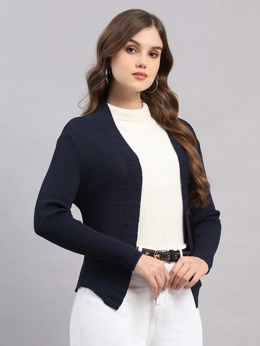 Women Navy Blue Self Design V Neck Full Sleeve Cardigan - Image 4