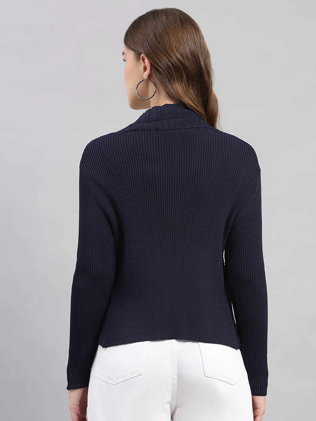 Women Navy Blue Self Design V Neck Full Sleeve Cardigan - Image 5