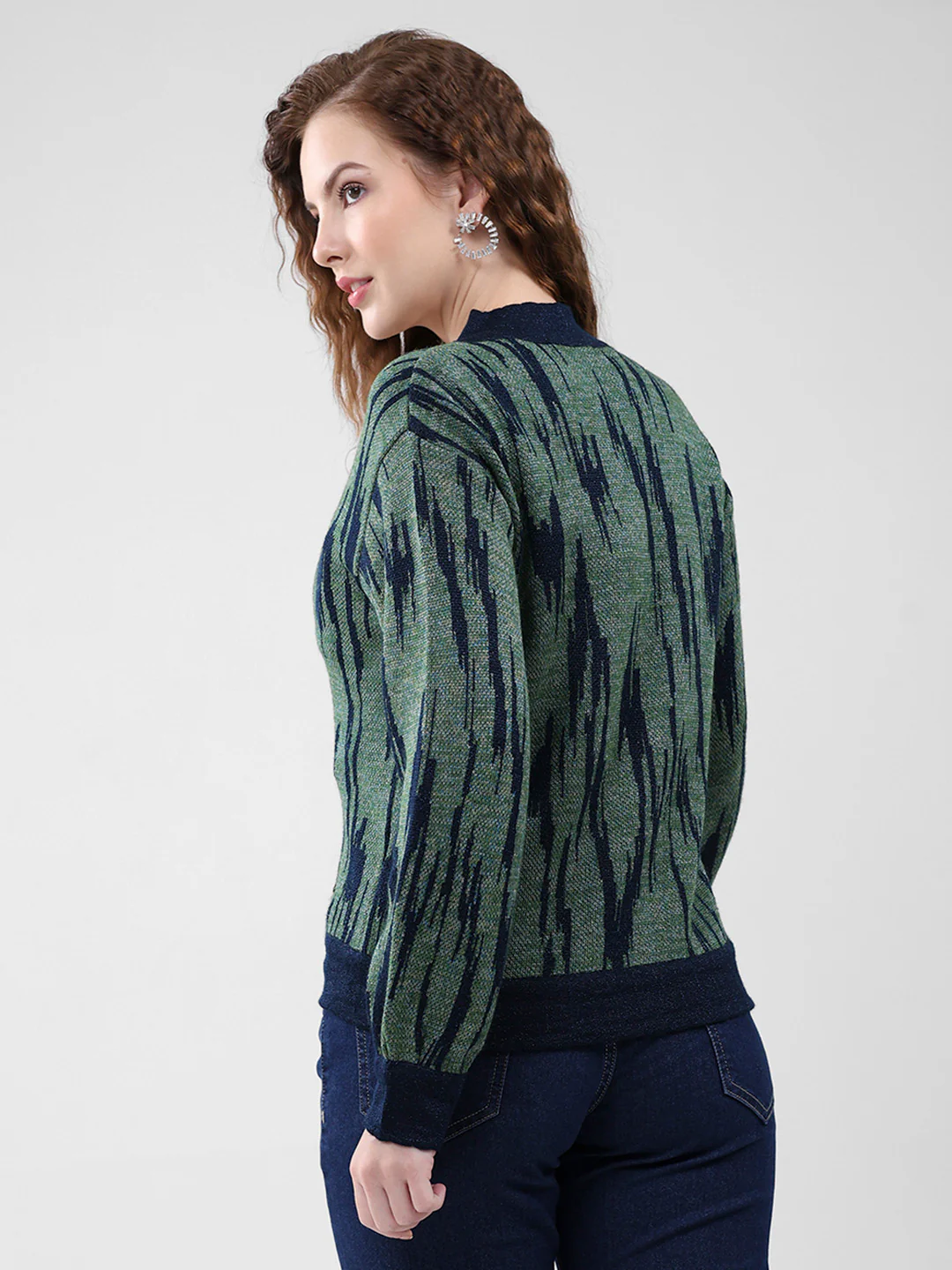 Women Navy Blue Self Design V Neck Full Sleeve Cardigan - Image 5
