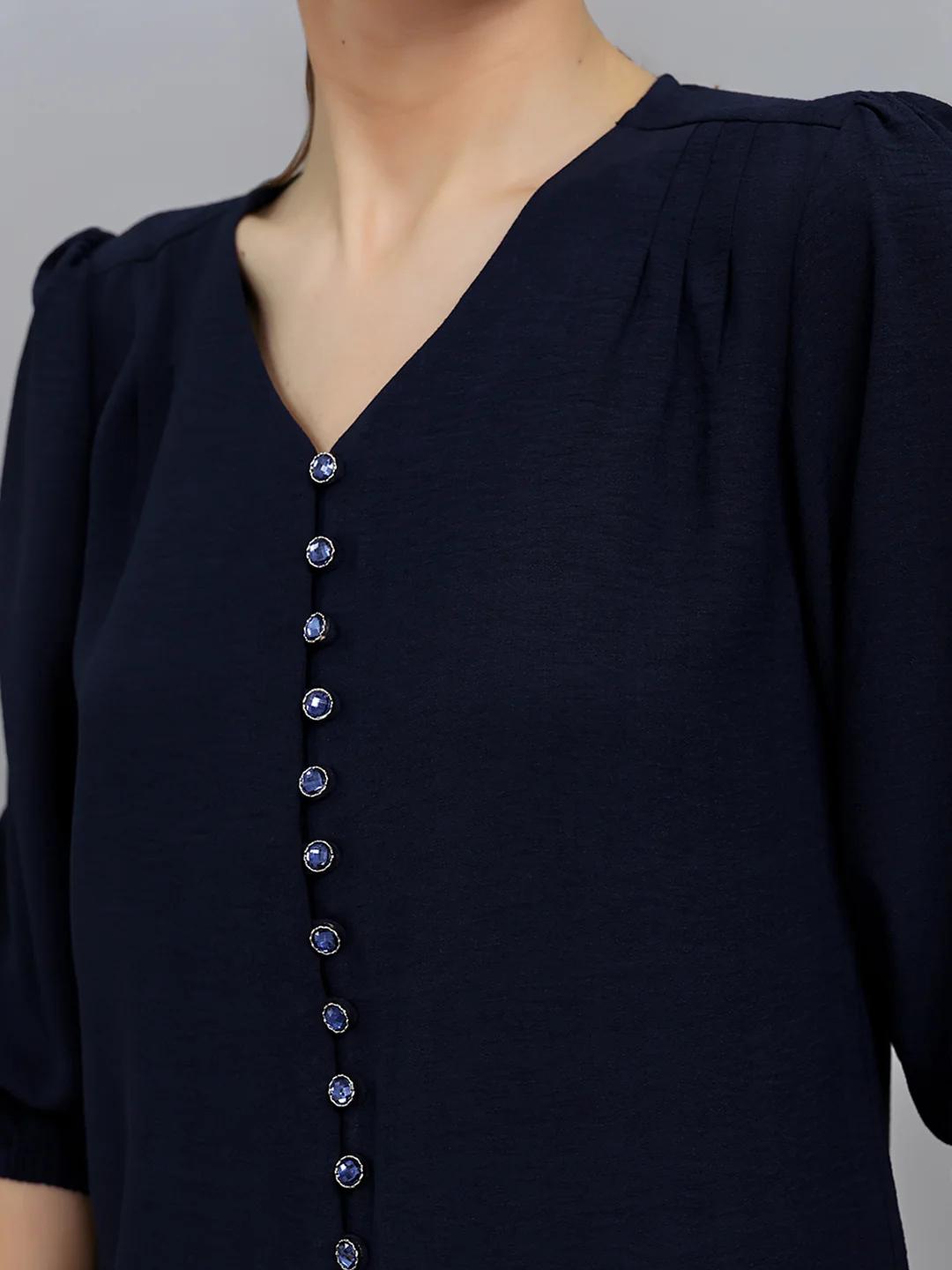 Women Navy Blue Solid Collar 3/4th Sleeve Top - Image 5