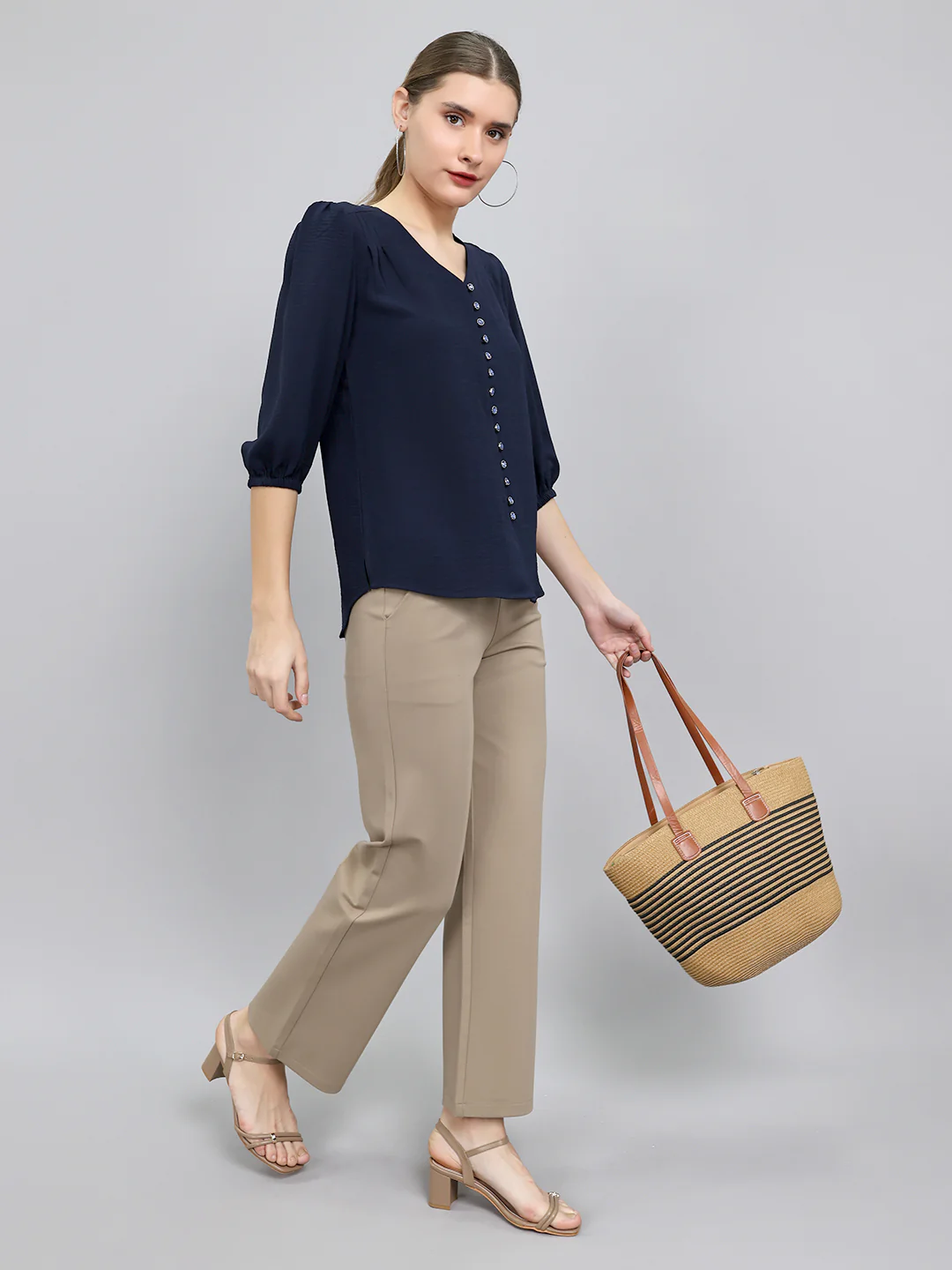 Women Navy Blue Solid Collar 3/4th Sleeve Top - Image 7