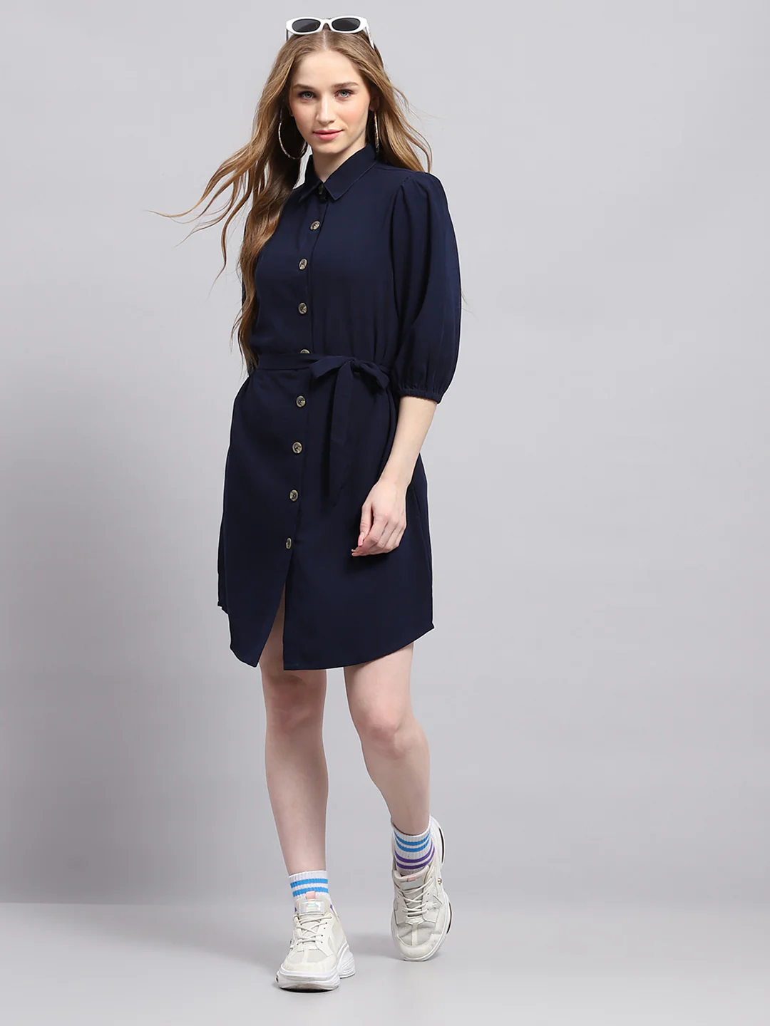 Women Navy Blue Solid Collar 3/4th Sleeve Dress - Image 2