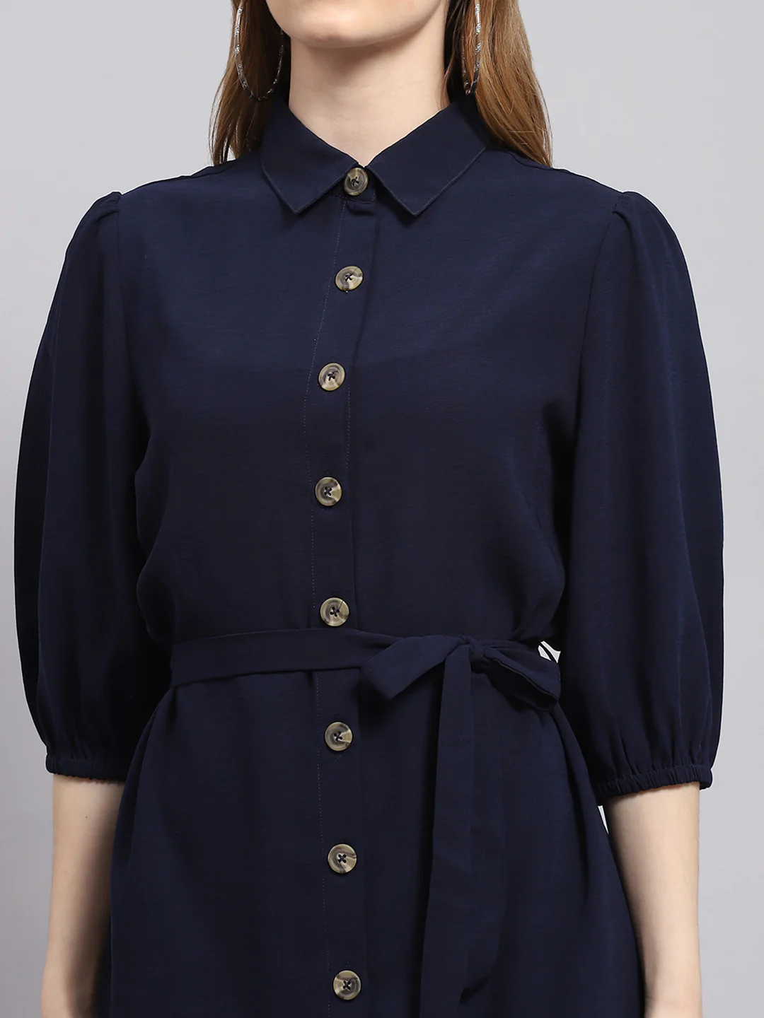 Women Navy Blue Solid Collar 3/4th Sleeve Dress - Image 6